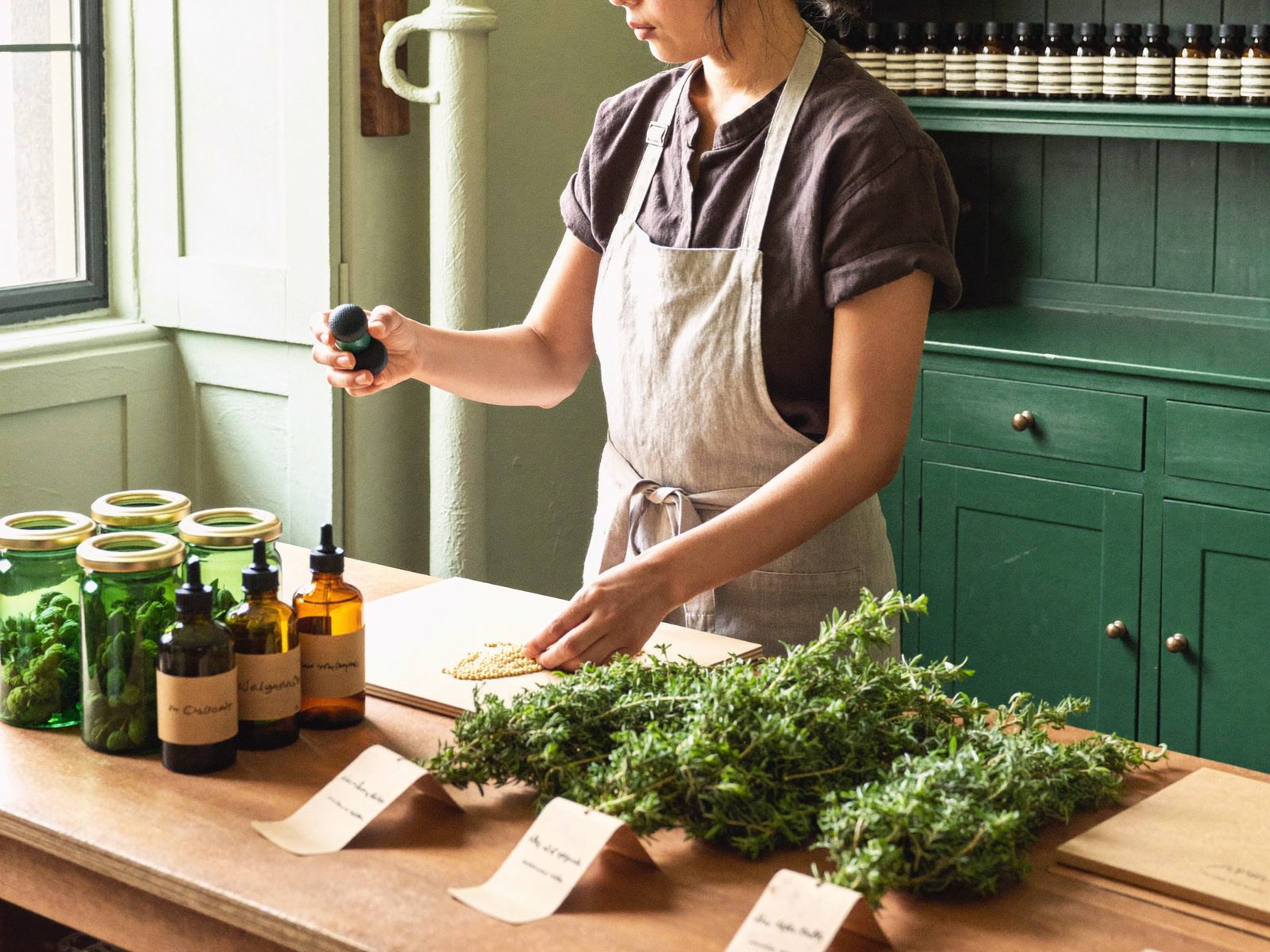 The Terra Verde workshop — pressing sesame at the apothecary bench